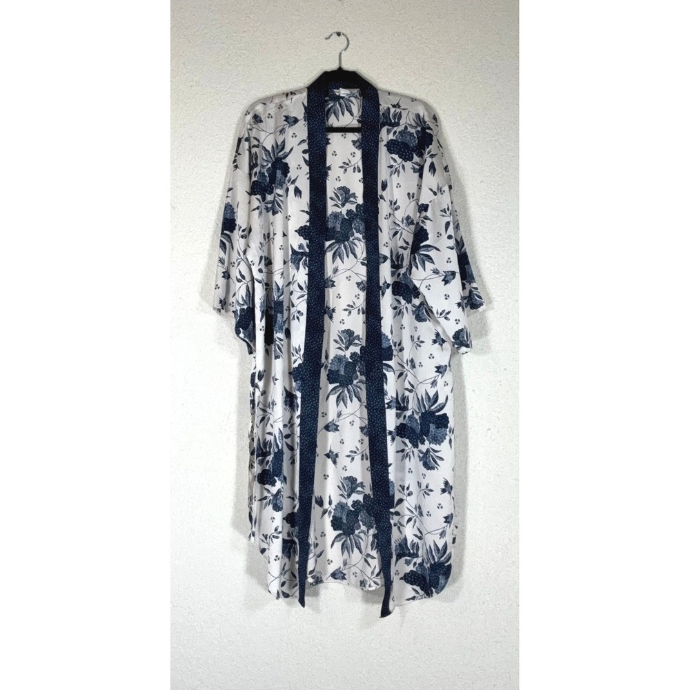 H&M Blue Floral Kimono Wrap - XS/S - Open Front Polka Dot Trim Boho Cottagecore